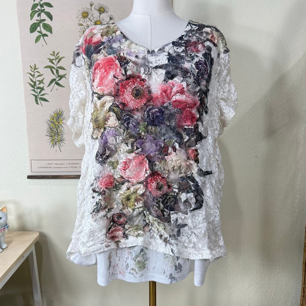 Floral Graphic Print Lace Rhinestone Top Fairy Grunge Boho Grandma Romantic 3X